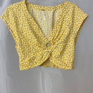 Free People Yellow Floral Women's Crop top via neck key hole linen  rayon sz L